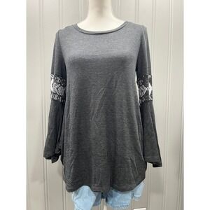 Emerald Women's Gray Bell Sleeve Tunic Top Aztec Print Accent Button Back Casual